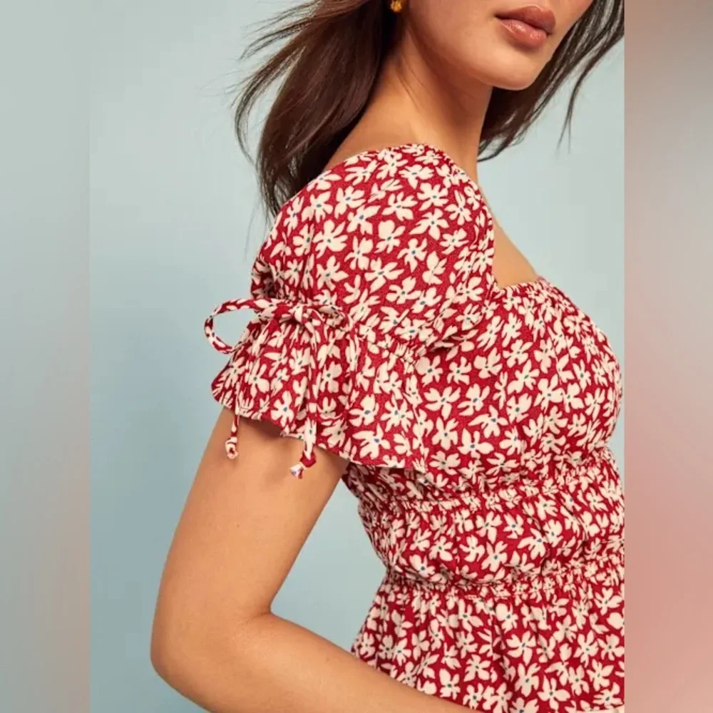 Reformation Red Floral Smocked Peplum Top